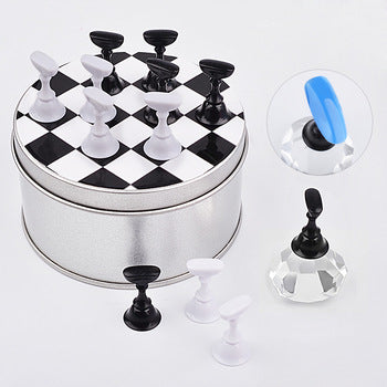 Magnetic Press On Nail Stands with 1 Crystal Base In Chessboard Travel Tin with Putty.