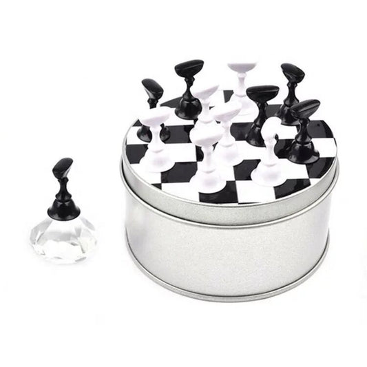 Magnetic Press On Nail Stands with 1 Crystal Base In Chessboard Travel Tin with Putty.